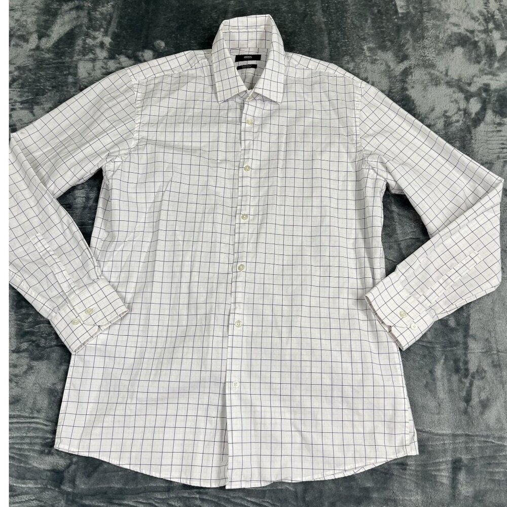 Hugo Boss Regular Fit Easy Iron Button-Up White Checkered Mens Shirt  15.5 32/33